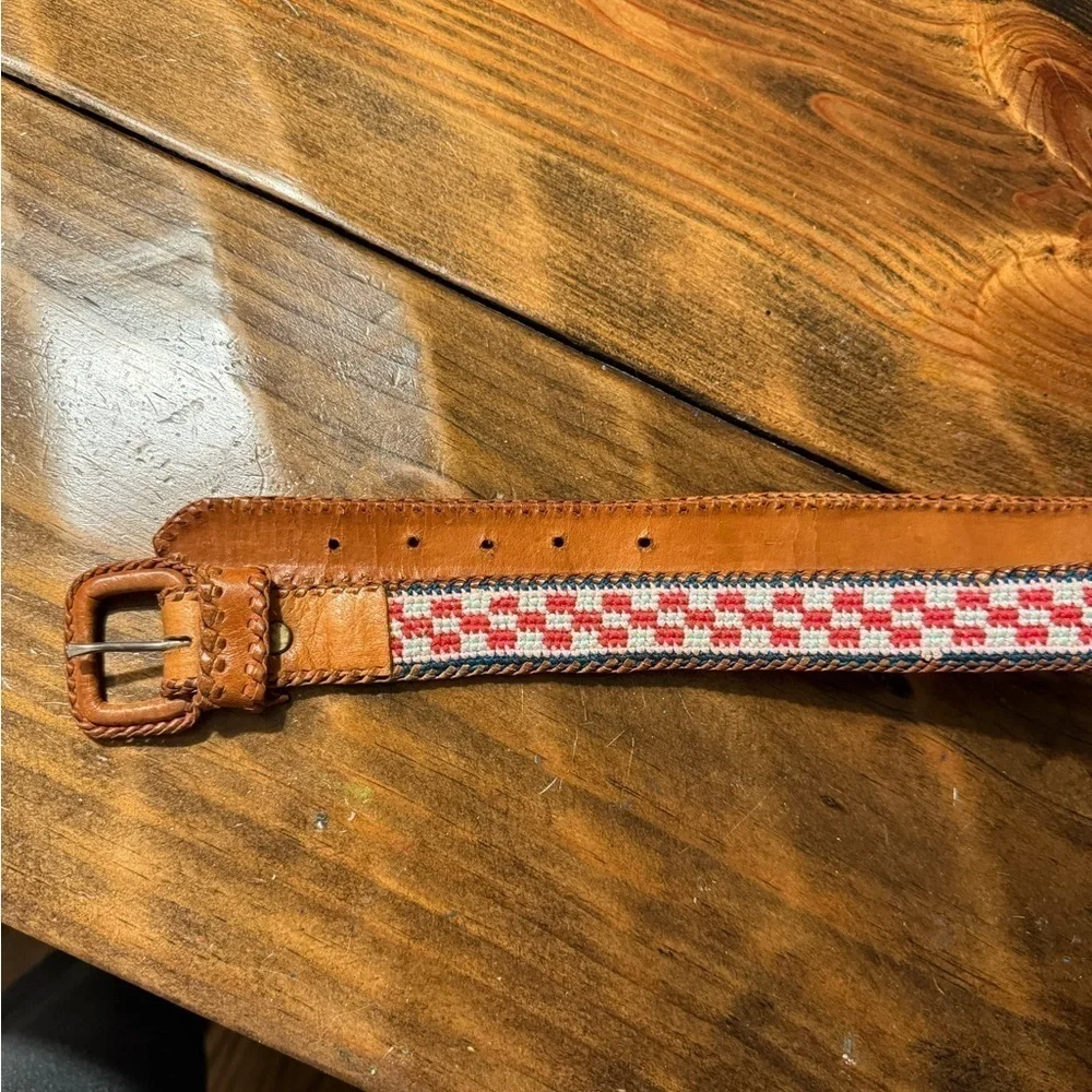 Vintage Leather & Woven Multicolor Cotton Belt Size 32 Hand Tooled